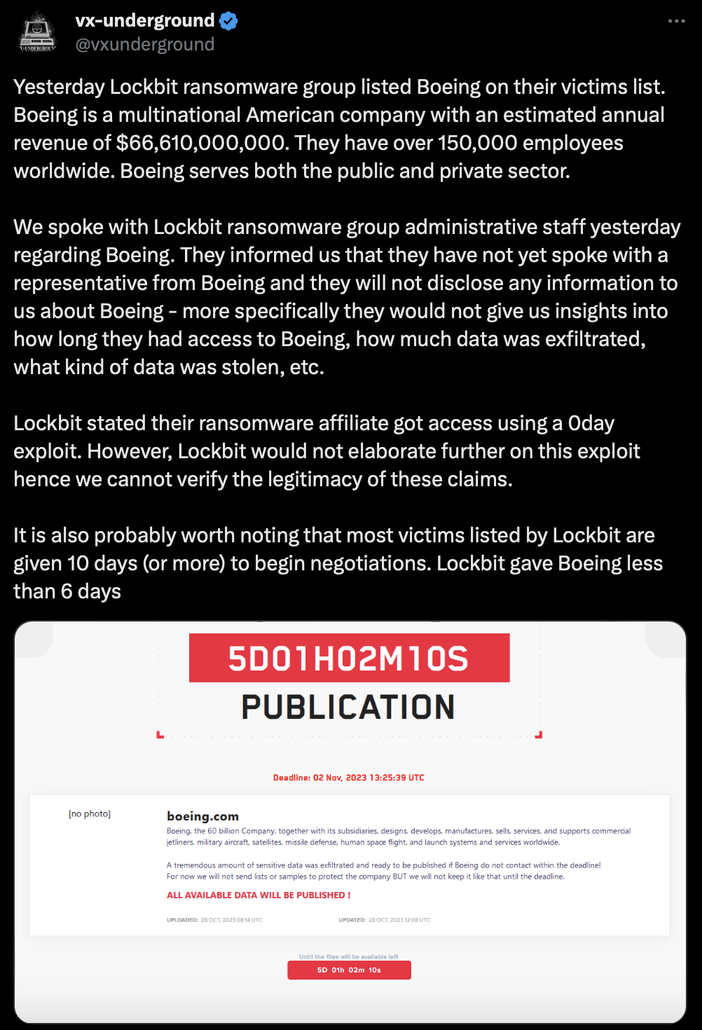 GAMESTAR：LockBit 黑客團隊宣稱已入侵波音公司，敭言“六天內拿不到贖金將公佈內部資料”